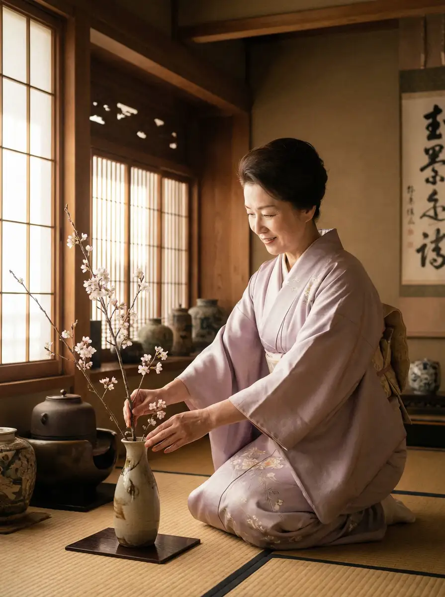 一位优雅的 呦女 在和室中插花